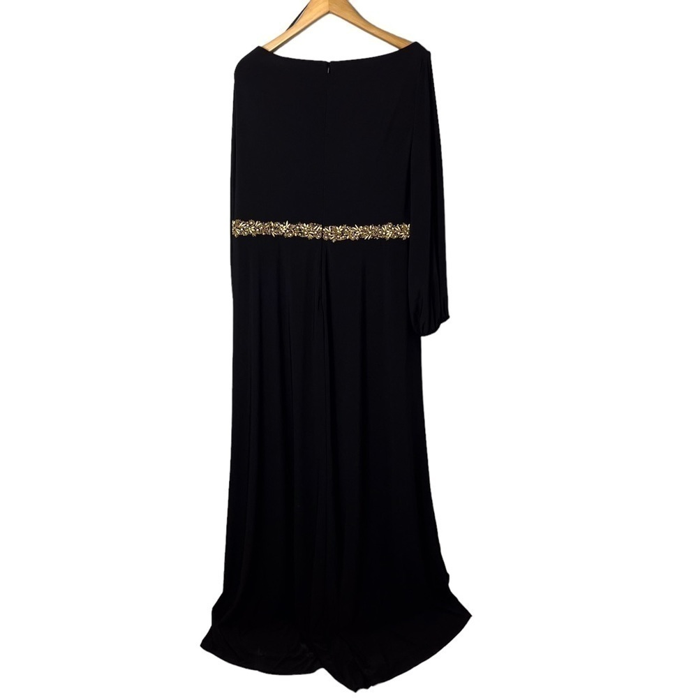Mac Duggal Jersey V Neck Maxi Dress Gold Beaded Size 20 Leg Slit Formal - Picture 8 of 12
